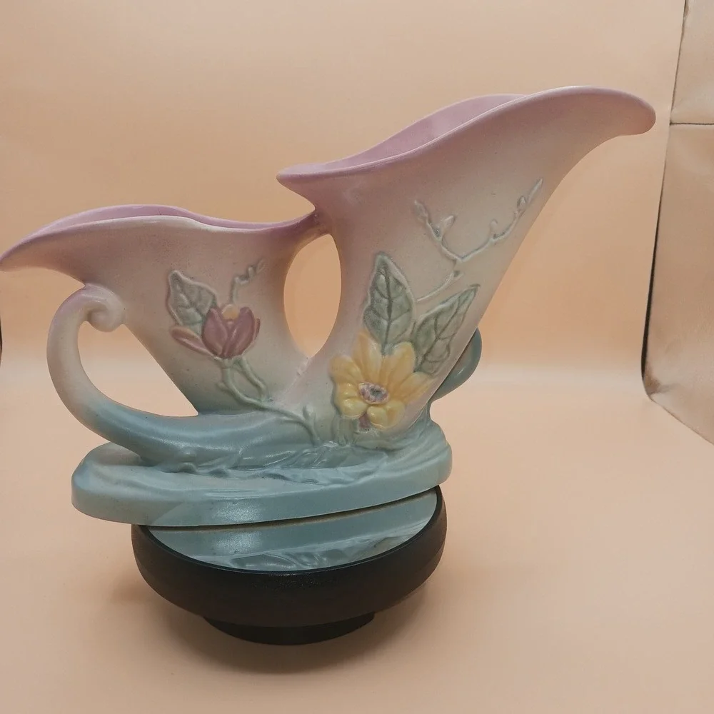 Hull Art Pottery Magnolia Double Cornucopia Vase Pink Blue Matte USA Vintage - Picture 3 of 10